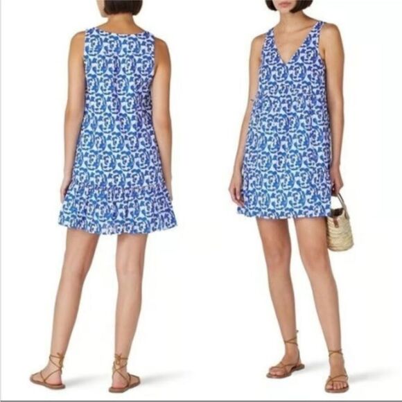 THAKOON COLLECTIVE | Blue/White Printed Mini Dress Ruffle Detail Women’s Size L - Picture 1 of 13